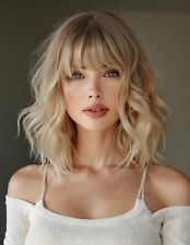 Perruque Synthétique Bouclé Courte Blond Doré A Frange 35cm +4 Bonnet