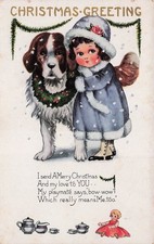 Christmas Saint Bernard Puppy Dog Girl Doll House Tea Set Vtg Postcard I28