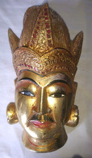 ANTIQUE BALI BUDDHA HEAD MASK FIGURINE GILDED WOOD 1970