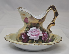 Vintage Enesco Japan Mini Wash Basin Bowl Plitcer Set Roses Flower Gold Trim