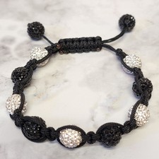 Black Rhinestone Shamballa Bracelet Pave Set Cord Sliding Knot Closure Boho Gift