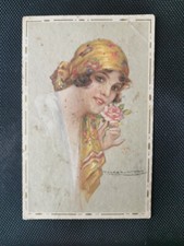 Old postcard illustration by T. Corbello - young woman with a scarf on her head