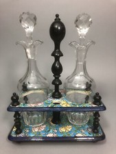 Antique LONGWY ENAMELS Rare OILER-VINEGAR Set + Complete Glassware