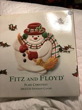 Fitz and Floyd Plaid Christmas Snowman Canape Tray Dish Plate, New In Box
