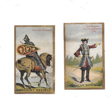 2 Antique Devinck H. Chocolate Chromos 10 cms soldiers musketeer rider