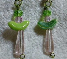 Angel faerie green and light pink SF French hook earrings glass and crystal 