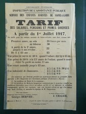 Affiche ancienne 1917 Guerre 14-18 Tarif des primes Enfants Assistance Publique