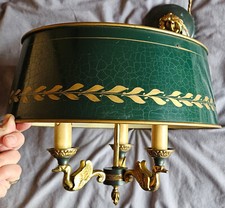 Lustre bouillotte 3 lampes bronze doré Lucien Gau abat-jour tôle vert empire