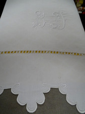 Drap ancien , fil de lin , monogramme BD , festons , jours croisés ,332 x 240