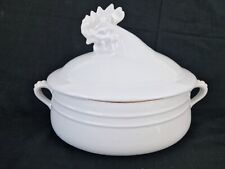 Ancienne Cocotte Porcelaine Blanche à Feu Plat Soupière Couvercle Coq Poule 
