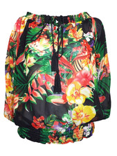 BNWOT for DESIGUAL Black mix floral On/Off shoulder blouson tassle top S/M