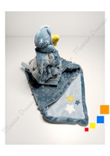 Doudou Plat/Couverture Victor Dragon Bleu Jaune Etoiles Attache Tétine - Noukies