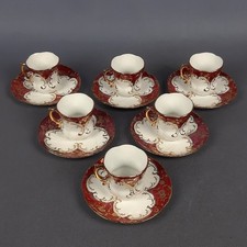 Service À Café 6 Tasses Porcelaine Limoges France Rouge Or Vintage XX S.