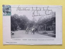 Old postcard Indo-China stamp SAIGON HÔ CHI MINH CITY garden rickshaw walk