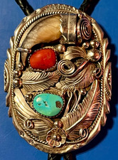Navajo Sterling Silver, Bear Claw, Turquoise, Coral Bolo BY Atkinson Trading Co