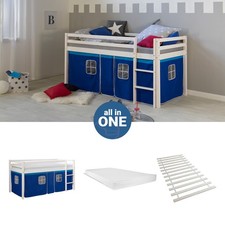 Lit superposé 90x200 Matelas d'enfant mezzanine Lattes Rideau Bleu Homestyle4u