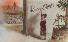 CP LITTLE GIRL SCHOOLGIRL SATCHEL INSCRIBING HAPPY NEW YEAR ON WALL - 19854