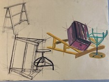 Belle Peinture Architecture Tabouret  Gouache 1950 Curiosité Art Encre Tréteau