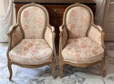 Antique Pair Louis XV Small Shepherdess Armchairs Carved Wood Patinated Peonies