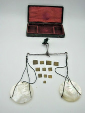 APOTHECARY PHARMACY WEIGHING BALANCE & BRASS WEIGHTS. MOP PANS. LEATHER CASE BOX