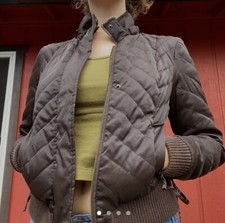 Vintage Chocolate Blanc Noir Down Bomber Jacket Puffer Women's Small Corset Tie