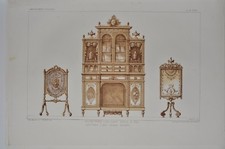 AM006 Lithographie originale secrétaire pour dame style Louis XVI aménagement 