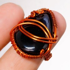 Bague en cuivre pierre précieuse onyx noir, en fil artisanal, beaux bijoux 8,5"