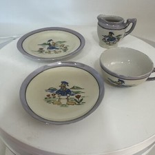 EX DISNEY1930's 4PIECE HAND-PAINTED"DONALD DUCK"CHINA TEA SET-BLUE LUSTER+ACCENT