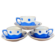 3 tasses à café pois bleu faïence Digoin Sarreguemines France vintage