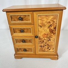 Vtg Mele Wooden Jewelry Box Armoire Burlwood Door Flowers 4 Drawers Velvet Lined