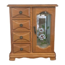 Wooden Jewelry Box Armoire Floral Cabinet 4 Drawer Mirror Necklace Rings Vintage