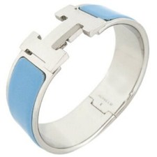 Auth HERMES Clic Clac H Bangle Bracelet Silver/Light Blue Metal/Enamel