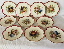 10 PORCELAIN DESSERT PLATES FRUIT DECORATIONS GOLDEN EDGES