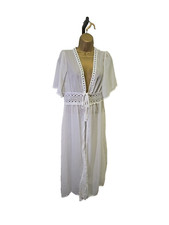 White Sheer Crochet Midi Robe Cover Womens Lg Beach Pool Coastal Cruise Vacation