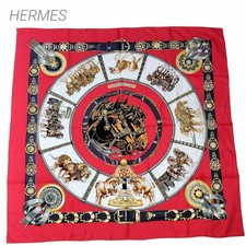 HERMES Scarf Unused Carre 90 Silk CHEVAUX DE TRAIT w/Box Red White Multi from JP