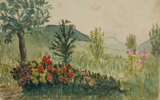 Tableau ancien aquarelle beaux rosiers dans le paysage de montagne d'été