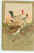 Embossed Card - Fröhliche Ostern - A Rooster, a Chicken and Chicks - 22686