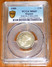 1909 Belgium Silver Franc Leopold II MS-65 PCGS French Legend Des Belges Coin