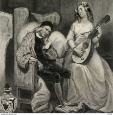 La pitié Allegory Musical Instrument Mandolin - Original Engraving 19th Century