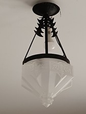 art deco black wrought iron chandelier, white opalescent hexagonal glassware