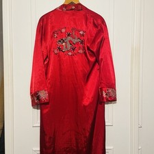 Vtg Close Things Satin Robe Size 10 - 12 Oriental Dragon Embroidery No Belt Red