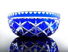 ANCIENNE GRAND COUPE SALADIER CRISTAL TAILLE DOUBLE COULEUR BLEU COBALT NANCY