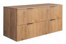 Meuble sous-lavabo suspendu FLOW 120 cm façade rainurée chêne avec plateau