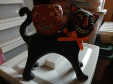 Vintage Type Paper Mache Black Halloween Cat W Pumpkin Head on his Back