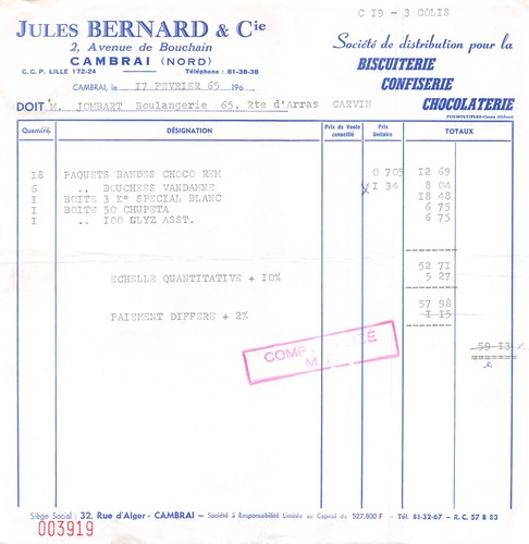 Facture 1965 jules bernard - facture,