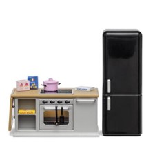 Lundby Maison de Poupées Gris Meuble Cuisine 1:18 Cuisinière Four Réfrigérateur