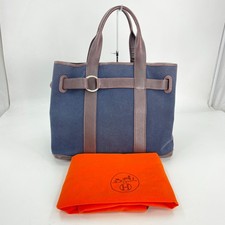 Auth HERMES Hermes Petite Ceinture MM Navy & Marron Canvas Tote Bag JW719