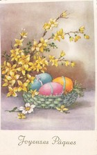 CP ILLUSTREE PAQUES PANIER OEUFS COLORES FLEURS - 40057