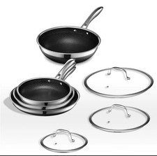 HexClad 7-Piece Frying Pan Set w/ Lids + 12" Wok – Hybrid Stainless & Nonstick 