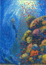 coral fish and seabed, original painting A4 modern acrylic work